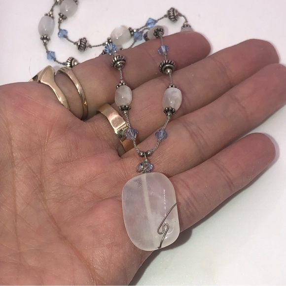 Vtg Sterling Moontone & Blue Crystal Beaded Knotted Silk Cord 18” +1.3” Drop - Picture 3 of 7